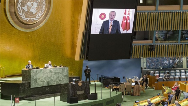 Cumhurbaşkanı Erdoğan, BM 75. Genel Kurulu Görüşmeleri'ne video mesaj ile katıldı. Fotoğraf: AA